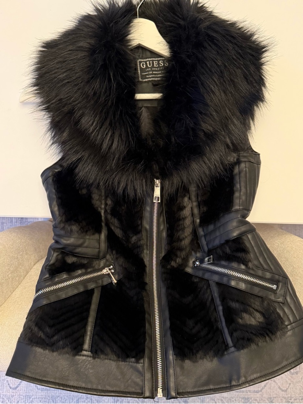 GUESS Black Faux Fur-Trimmed Leather-Look Vest